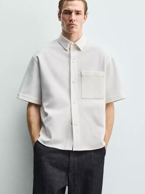 Zara NON-IRON COMFORT OVERSHIRT White Short-Sleeve Button-Down Shirt